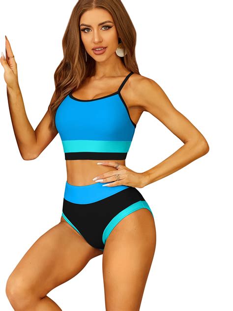 Beautyin High Waisted Women Bikini Sets Sport Style Color Block Two Piece Swimsuit Scoop Neck