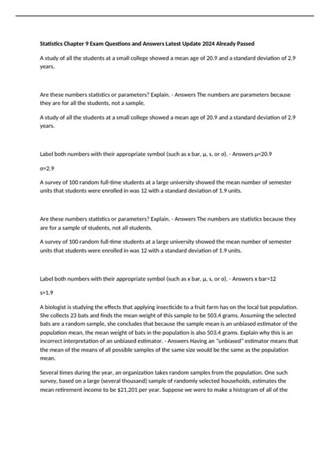 Statistics Chapter 9 Exam Questions and Answers Latest Update 2024