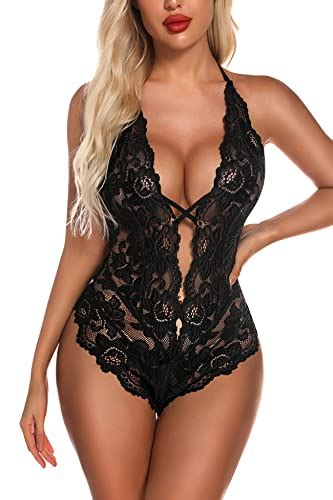 Aranmei Lingerie For Women Lace Teddy Bodysuit Sexy Deep V Cut Out Matching Panty Underwear
