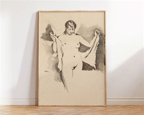 Vintage Naked Woman Pencil Drawing Print Antique Erotic Fine Art Piece