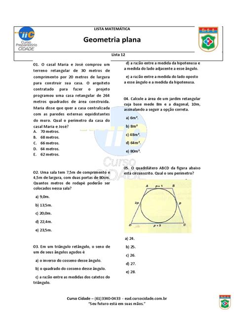 Lista De Exercicios Geometria Plana - Lista de Exercícios de Geometria Plana | PDF | Triângulo | Círculo