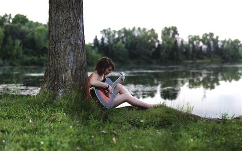 Women Model Brunette Long Hair Sitting Nature Trees Forest Barefoot Guitar Playing