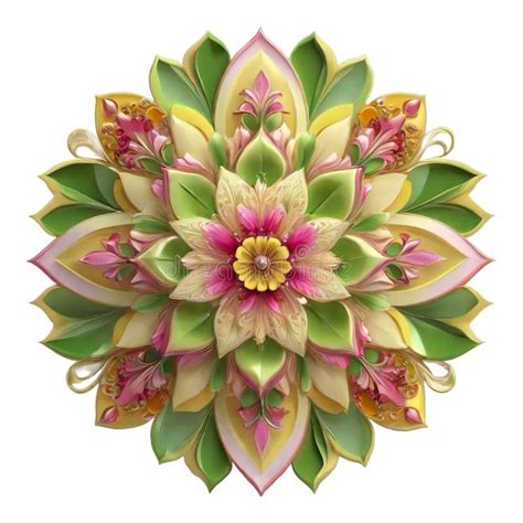 Green And Yellow Mandala Flower With Pink Accents On White Background
