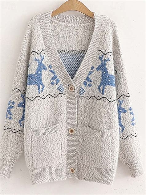 Strickjacke mit Giraffenmuster für Damen V Ausschnitt langärmelig