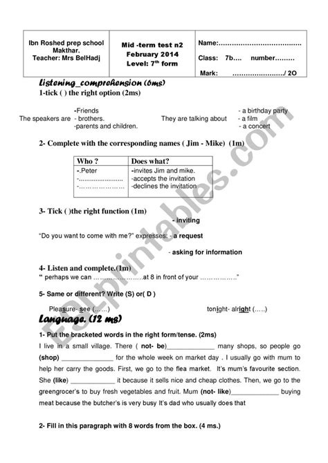 Th Form Test Esl Worksheet By Lollafolla