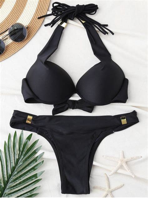 Push Up Halter Tie Back Bikini Set Black S Bikinis Bikini Set