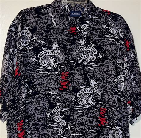 Puritan Mens Dragon Black White Red Button Up Short Gem