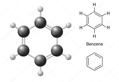 Fórmulas químicas estructurales y modelo de la molécula del benceno