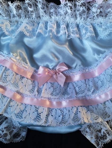 Baby Blue Satin Bikini Panties Sissy Knickers With Bum Ruffles Hand