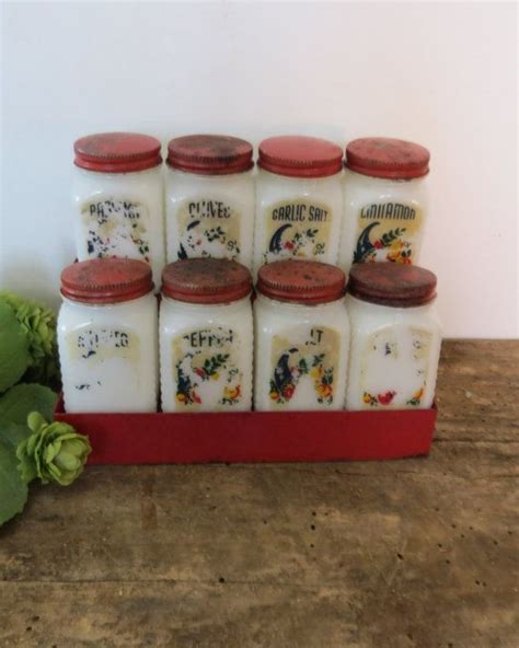 Vintage 1950s Spice Jar Set Wrack Red White Milk Glass Etsy Spice