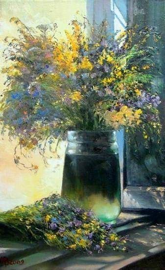 Акварельные цветы в вазе на подоконнике