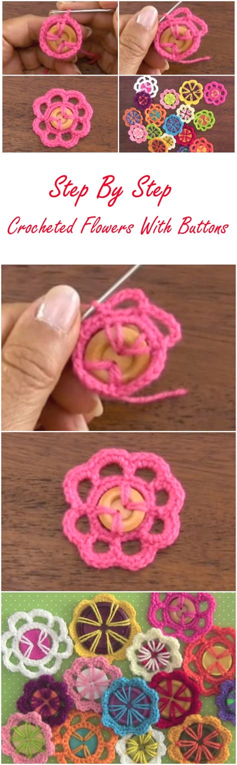 Crocheted Flowers With Buttons Tutorial Love Crochet