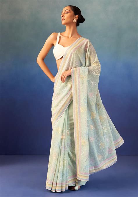 Buy Women Seafoam Multicolour Sequin And Thread Embroidered Saree With