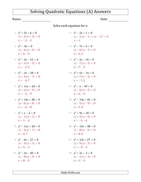 Quadratic Equation Worksheet And Answers