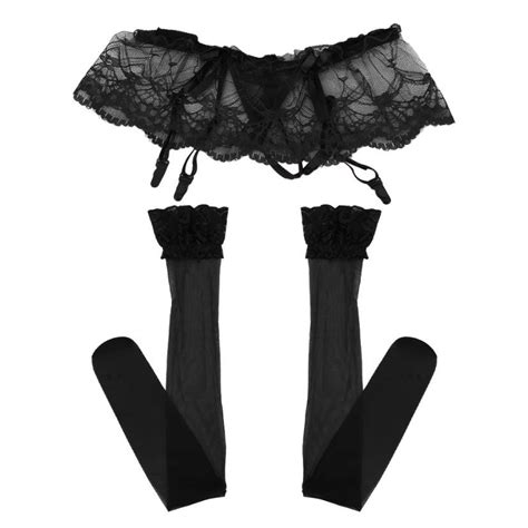 Lingerie Erótica sexy meias de renda e cinta de liga conjunto de suspensórios meia alta