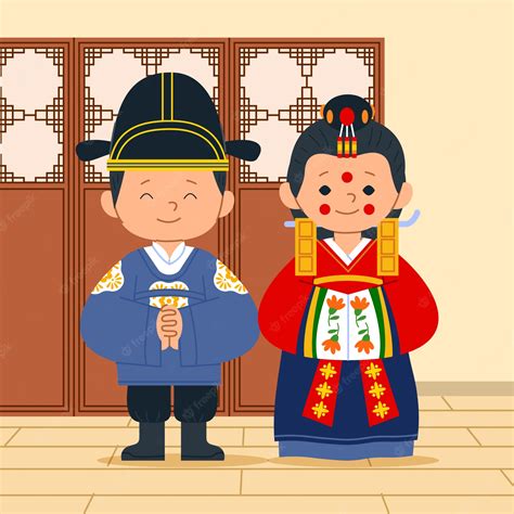Couple in traditional korean wedding dresses wear Vector Image - Clip