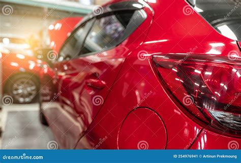 Rear View of Red SUV Car Parked in Car Repair Shop. Red Car in Workshop of Service Station ...