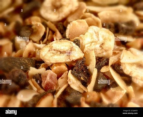 close   hikers trail mix featuring banana slices nuts  raisins