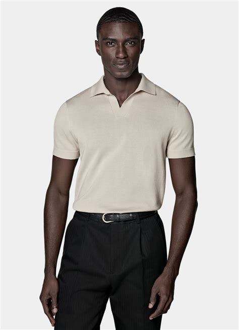 Sand Buttonless Polo Shirt In Californian Cotton Mulberry Silk