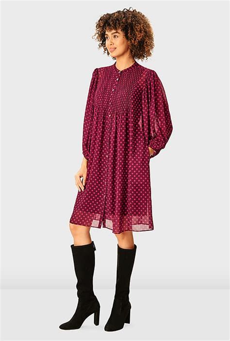 Shop Pintuck Polka Dot Print Georgette Shift Dress Eshakti