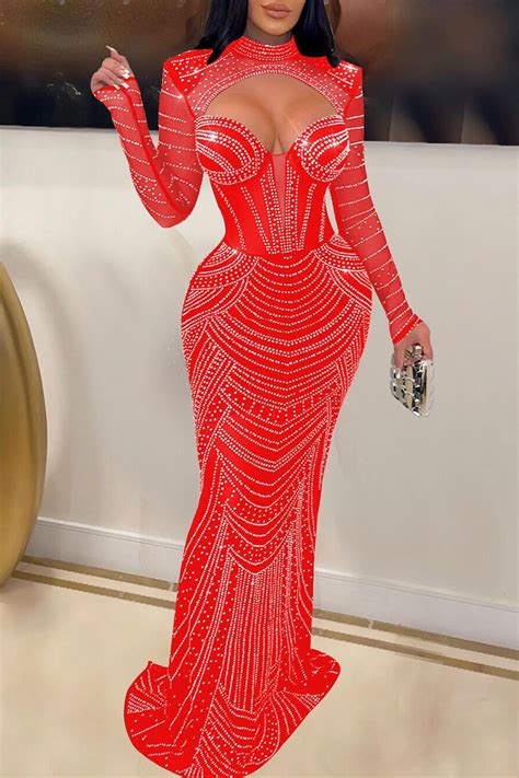 Wholesale Black Sexy Patchwork Hot Drilling Hollowed Out Half A Turtleneck Long Sleeve Dresses