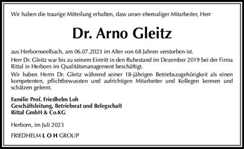 Traueranzeigen Von Arno Gleitz Vrm Trauer De