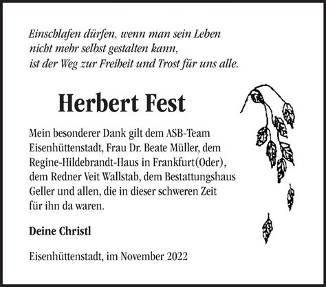 Traueranzeigen von Herbert Fest Märkische Onlinezeitung Trauerportal