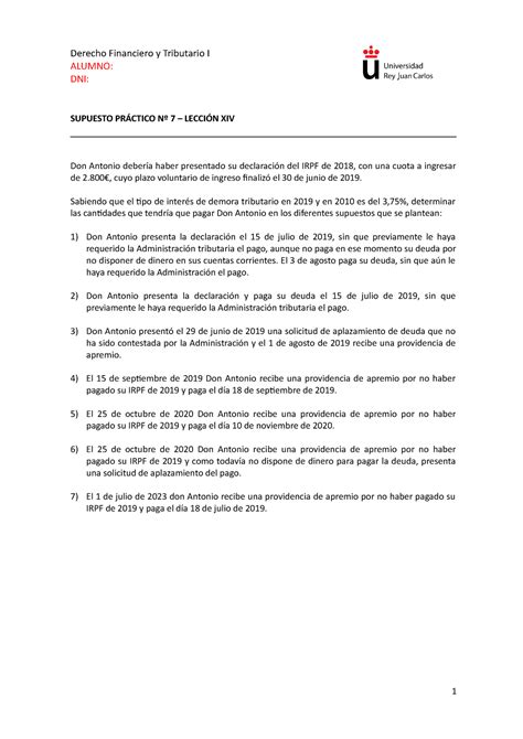 Supuesto Práctico 7 Urjc Derecho Financiero Y Tributario I Alumno