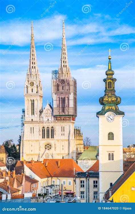 Croatian Capital Zagreb Catholic Cathedral And Red Roofs In City