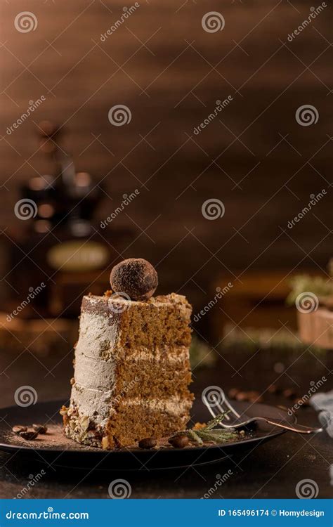 Slice Of Delicious Naked Coffee And Hazelnuts Cake Stock Photo Image Of Brown Birthday