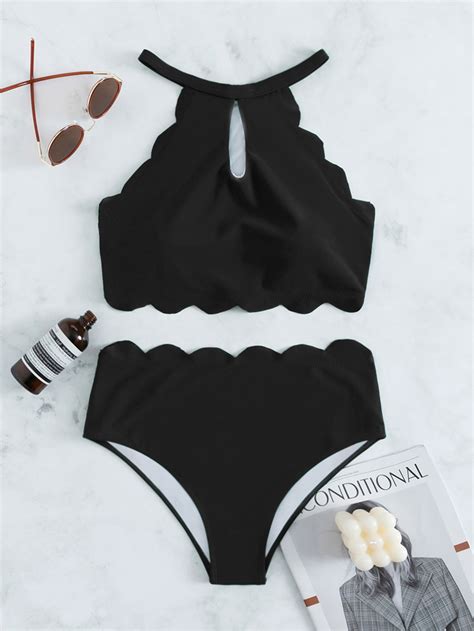 SHEIN Swim Basics Set Bikini Unicolor Con Ribete Festoneado Parte Superior De Bikini Halter