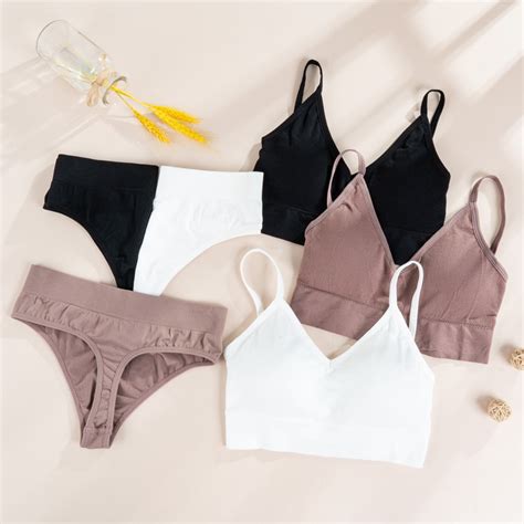 2PCS Bra Sets Women Ribbed Tops Sexy Thongs Lingerie Set Solid Color Wire Free Bra And Panty Set