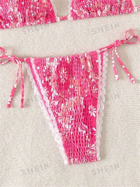 SHEIN VCAY Ensemble de Bikini Sexy à imprimé Floral pour femmes col licou avec cravate séparée