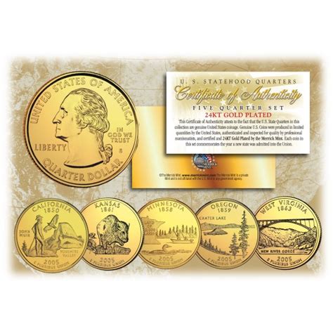 2005 Us Statehood Quarters 24k Gold Plated 5 Coin Complete Set With