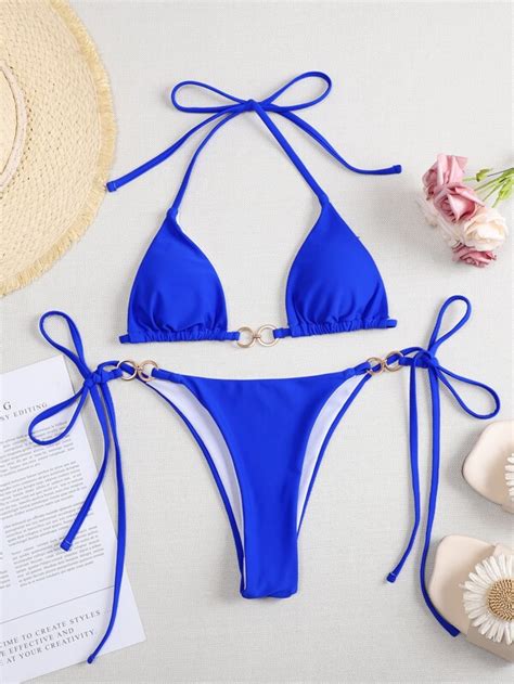 Shein Swim Vcay Ring Linked Micro Triangle Halter Bikini Swimsuit Shein Uk