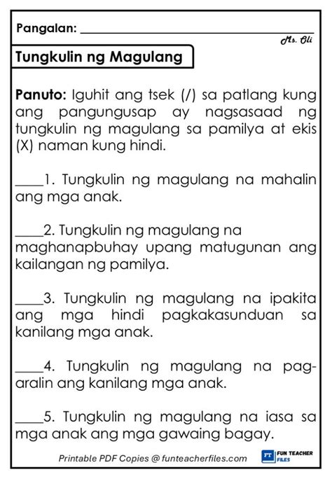 tungkulin ng magulang worksheet  fun teacher files