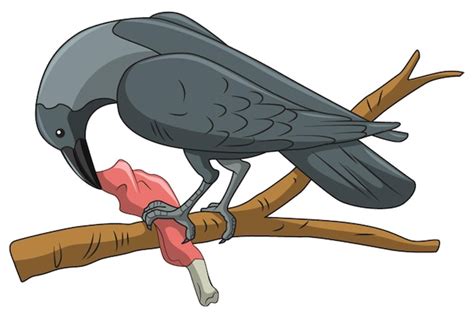 Premium Vector | A crow having a meat piece while sitting on a tree branch