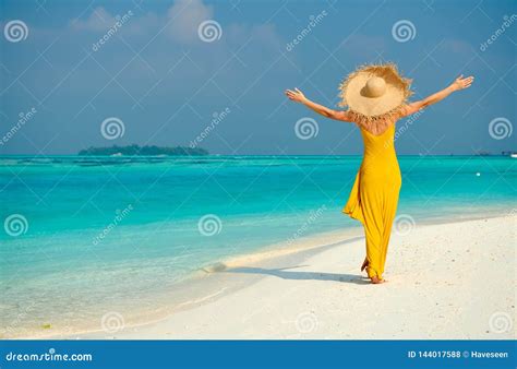 Woman in Dress Walking on Tropical Beach Stock Photo - Image of exotic ...
