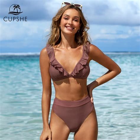 Cupshe V Neck Ruffled High Waist Bikini Sets Swimsuit Women Sexy Solid Brown Two Pieces Swimwear