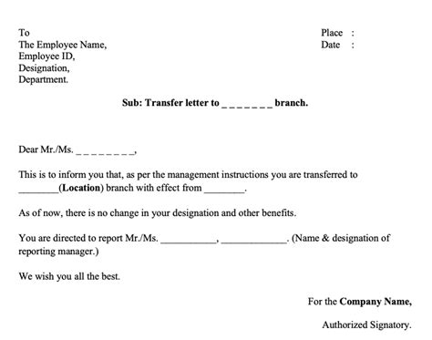 Internal Transfer Letter To Employee From One Location To Another