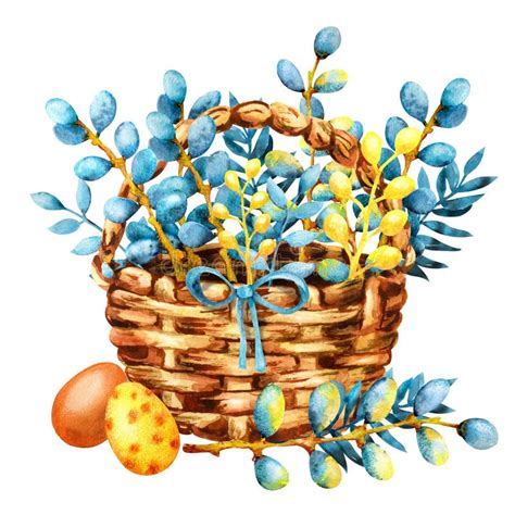 Easter Colored Eggs And Pussy Willow Twigs In A Wicker Basket Hand