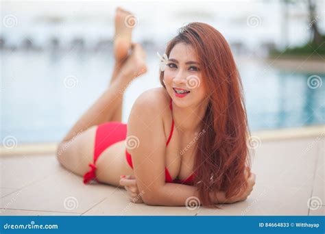 Asian Girl In Red Bikini Lying Stock Image Image Of Lifestyle Outdoor 84664833