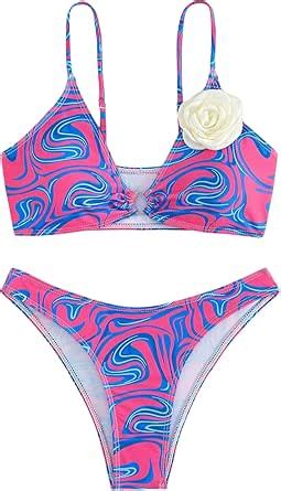 Amazon OYOANGLE Women S Piece Swimsuit Mable Print D Floral Spaghetti Strap Bikini Set