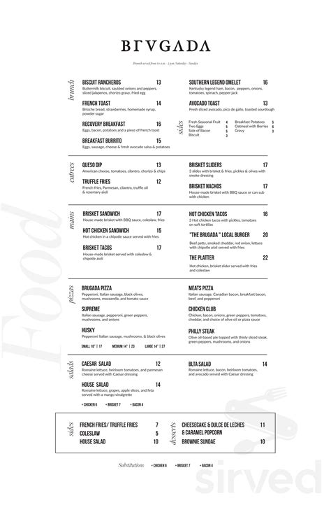 Menu for Brugada Kitchen + Bar in Nashville, TN | Sirved