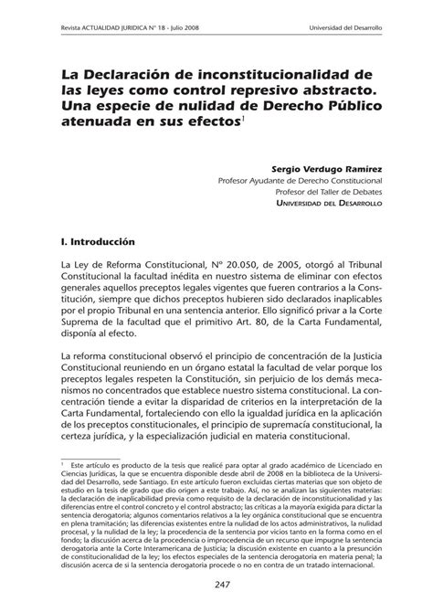 La Declaración De Inconstitucionalidad De Las Leyes Como Control