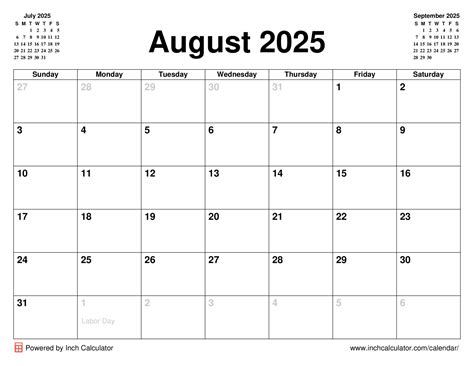 August 2025 Calendar - Inch Calculator