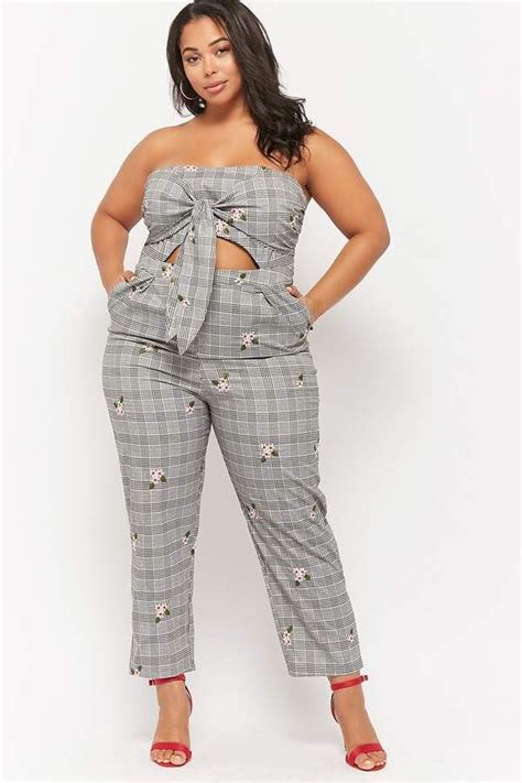 Forever 21 Plus Size Floral Glen Plaid Self Tie Jumpsuit Shopstyle Plus Size Womens Clothing