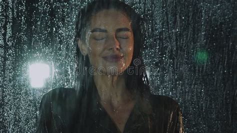 Passionate Portrait Of Soaked In Rain Brunette Gets Wet Under The Shower Stock Footage Video