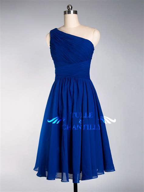 Pretty Royal Blue Tea Length One Shoulder Cocktail Bridesmaid Dress