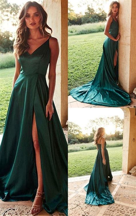 A Line V Neck High Split Green Satin Long Prom Dresses With Train Gre